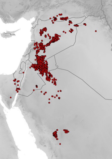 מפת העפיפונים במזרח התיכון מתוך Alison, B; and David, B. Desert kites in Jordan–a new appraisal. Arabian archaeology and epigraphy, 2015, 26.2: 74-94.‏