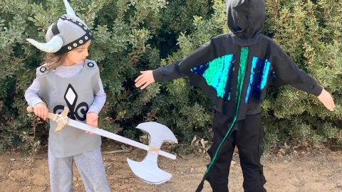 צוף וגפן מילמן ממושב עידן, מחופשים לויקינג ודרקון.